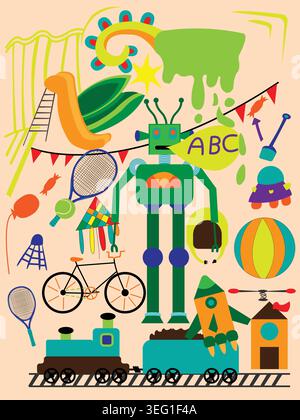 Set of children`s toys colored background poster;  colorful image for children puzzle, poster, t-shirt Stock Vector